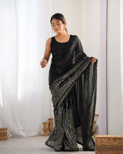 Black Heavy Georgette Saree with Multicolored Sequence Embroidery & Piping