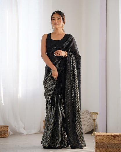 Black Heavy Georgette Saree with Multicolored Sequence Embroidery & Piping