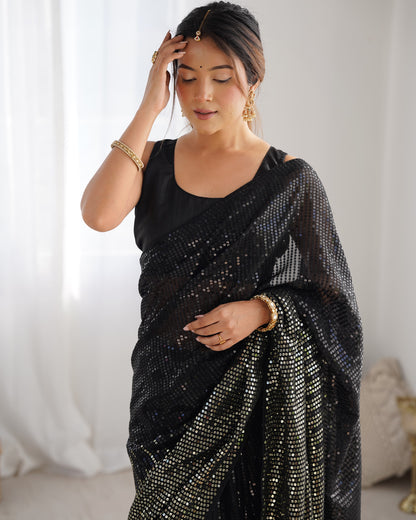 Black Heavy Georgette Saree with Multicolored Sequence Embroidery & Piping