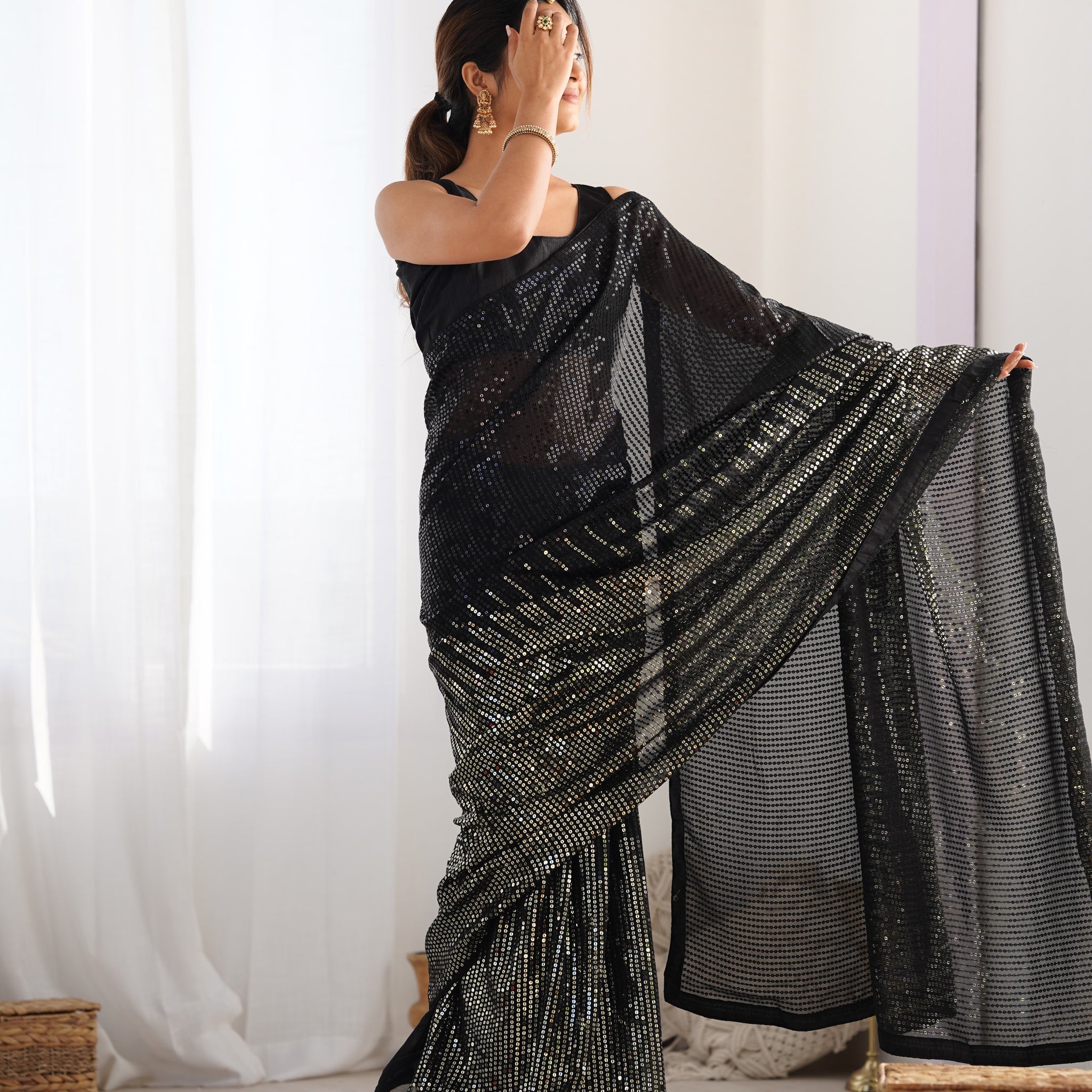 Black Georgette Saree with Sequence Embroidery, Backpatch, and Piping – Available
