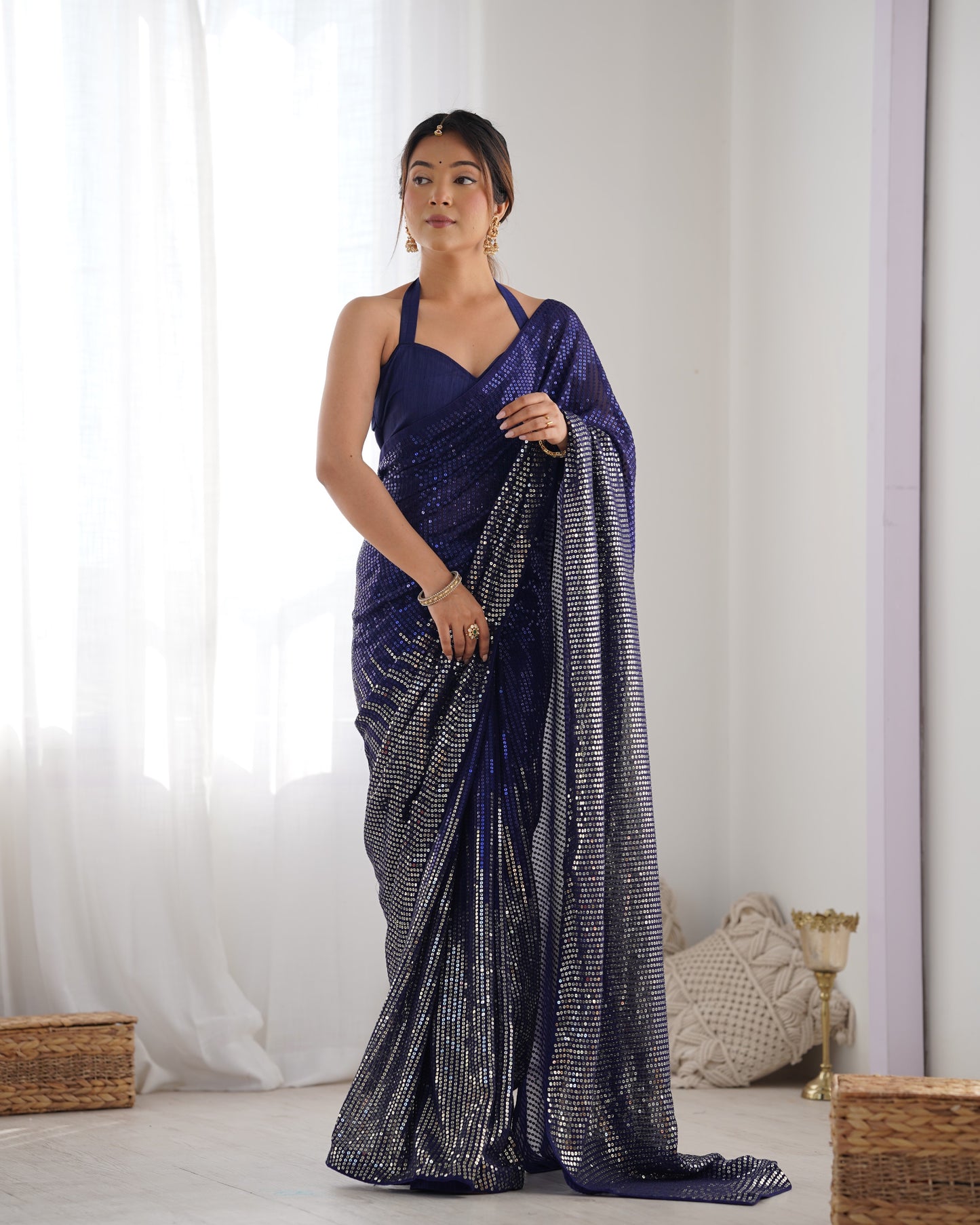 Blue Heavy Georgette Saree with Multicolored Sequence Embroidery & Piping