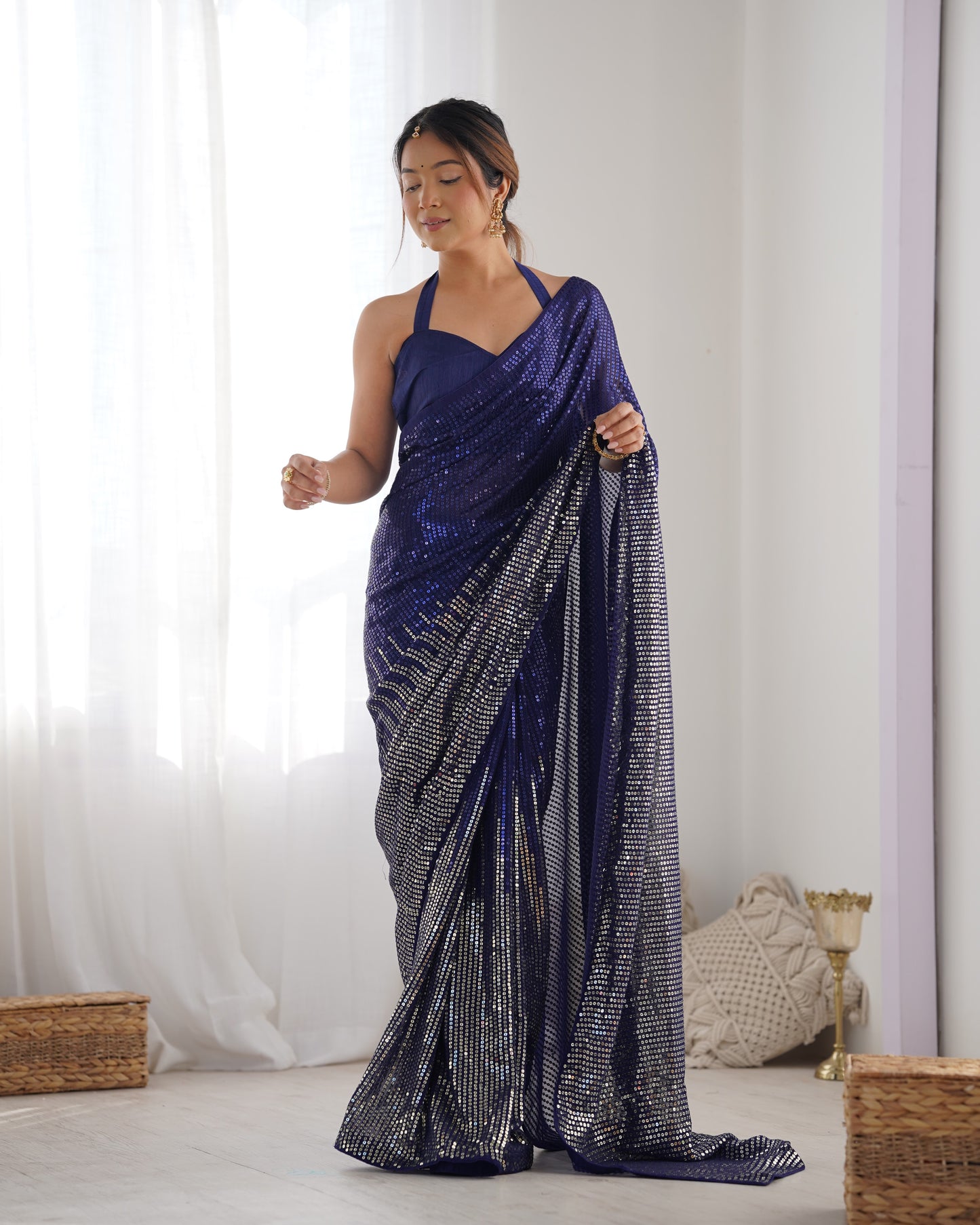 Blue Heavy Georgette Saree with Multicolored Sequence Embroidery & Piping
