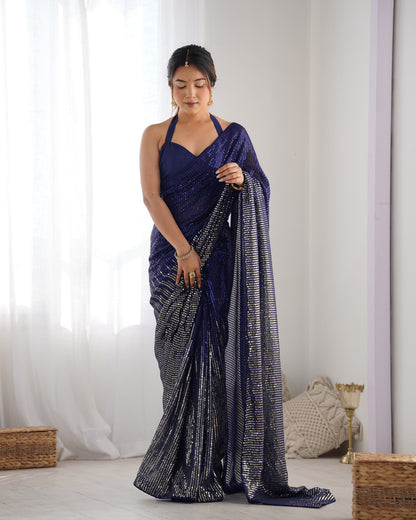 Blue Heavy Georgette Saree with Multicolored Sequence Embroidery & Piping