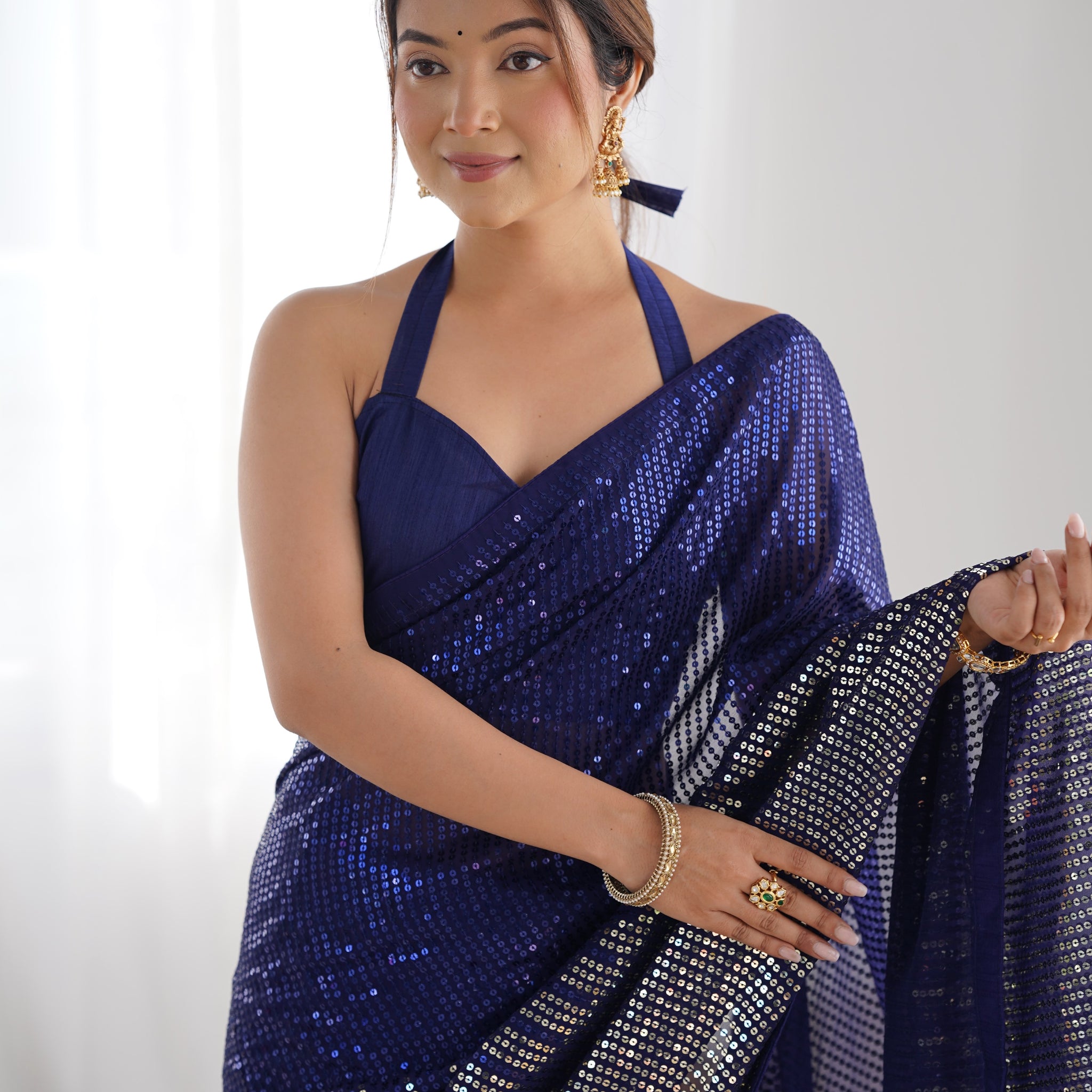 Blue Georgette Saree with Multicolor Embroidery, Backpatch & Piping – Available