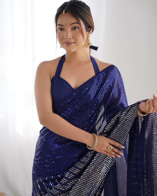 Blue Georgette Saree with Multicolor Embroidery, Backpatch & Piping – Available