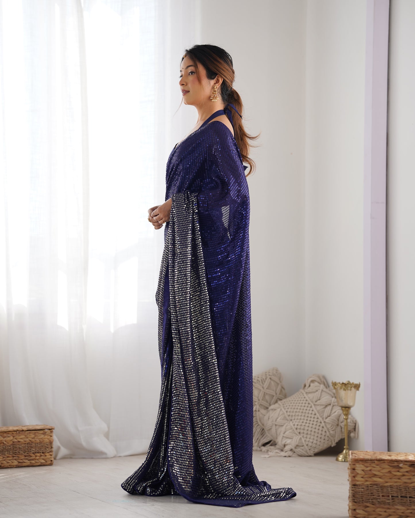Blue Heavy Georgette Saree with Multicolored Sequence Embroidery & Piping