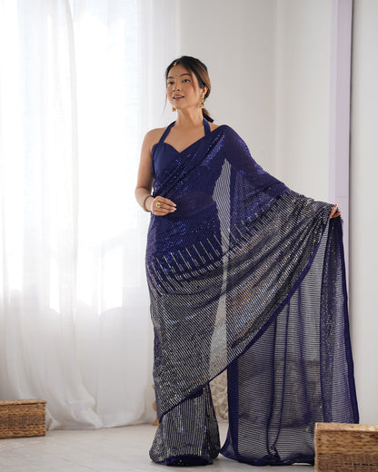 Blue Heavy Georgette Saree with Multicolored Sequence Embroidery & Piping