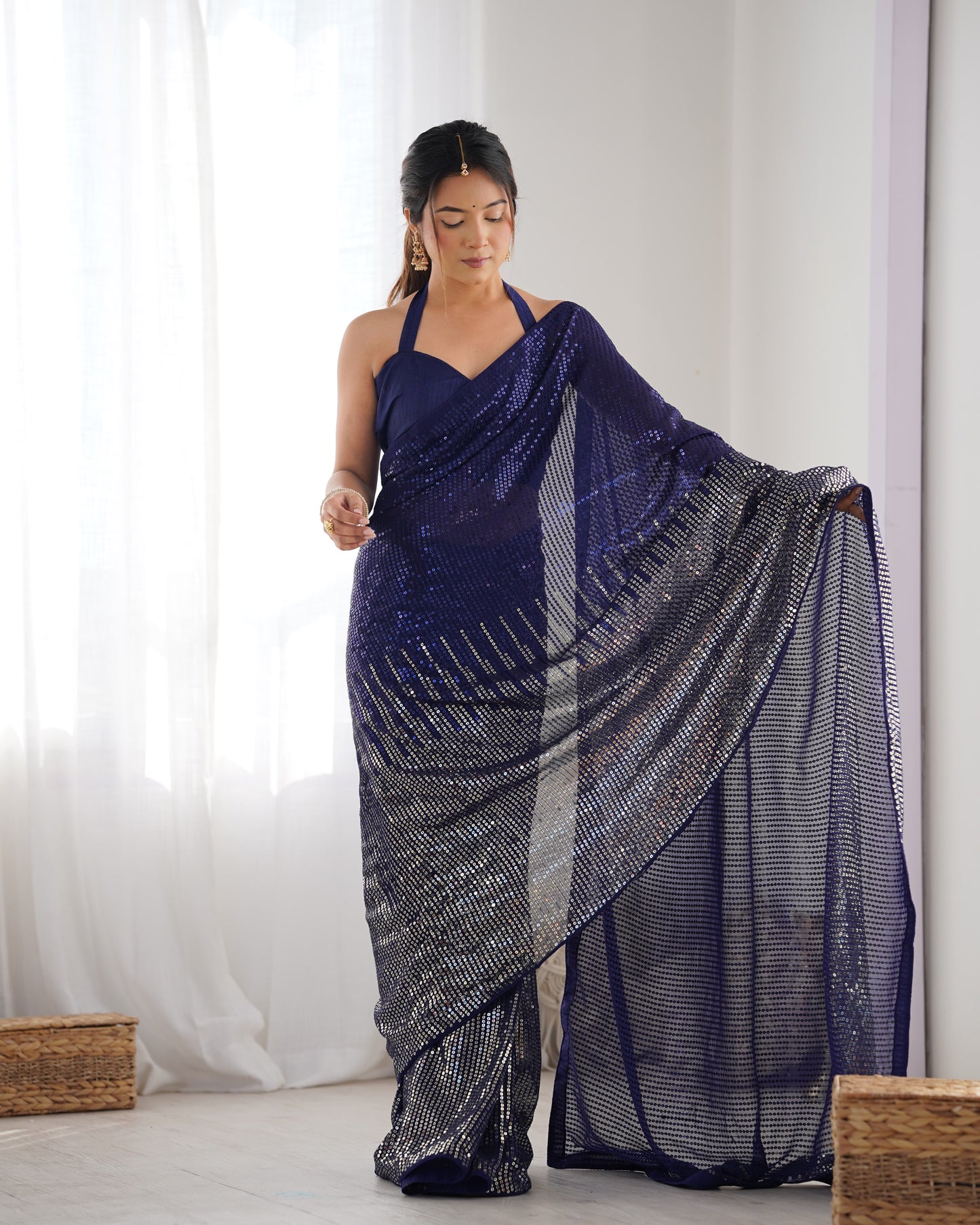 Blue Heavy Georgette Saree with Multicolored Sequence Embroidery & Piping