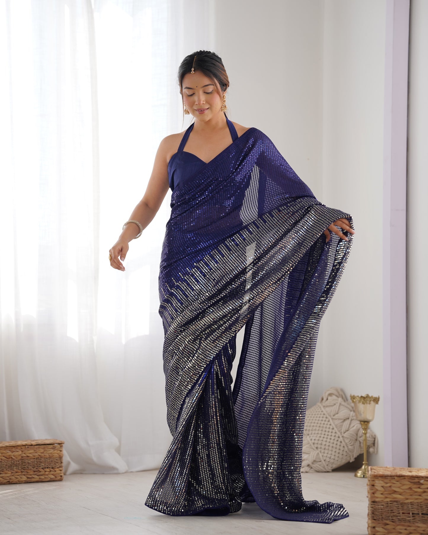 Blue Heavy Georgette Saree with Multicolored Sequence Embroidery & Piping
