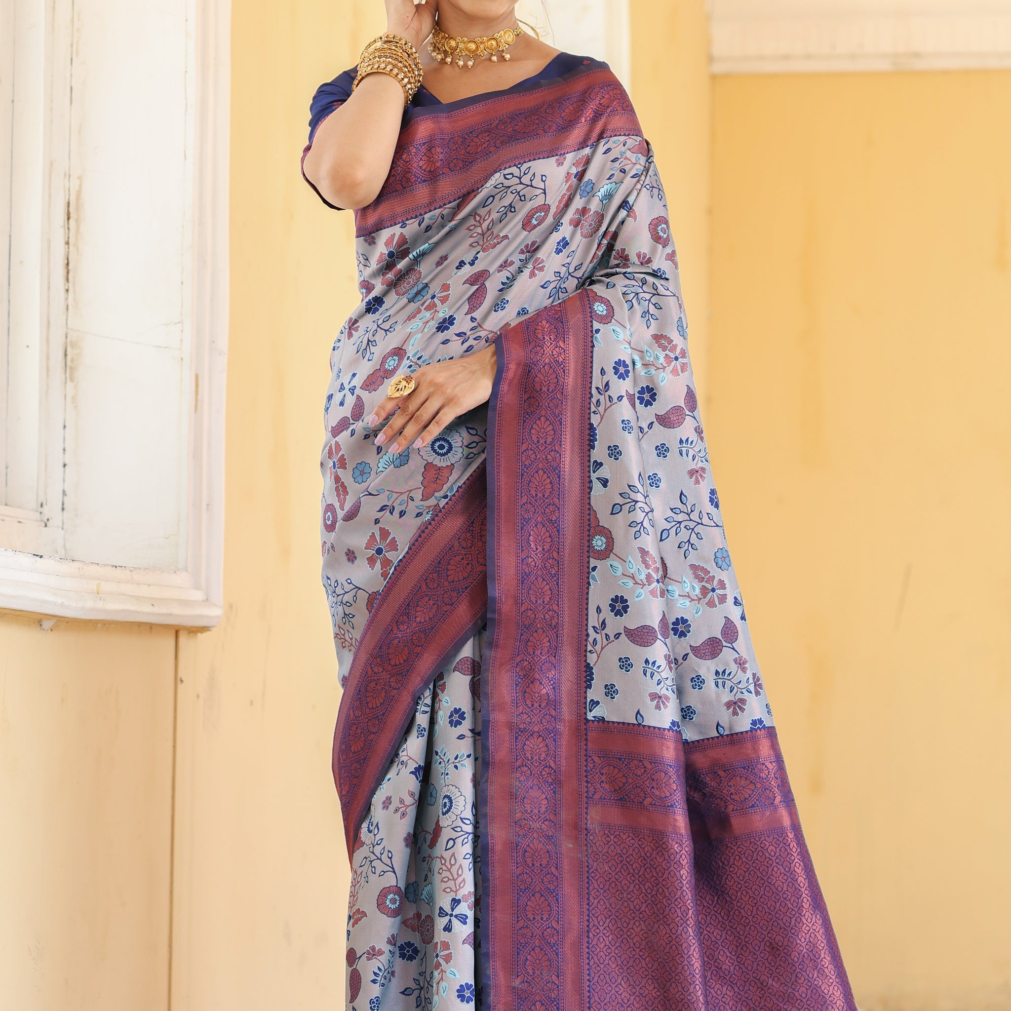 "Light Blue Banarasi Silk Saree with Floral Zari Woven Work – In Stock"