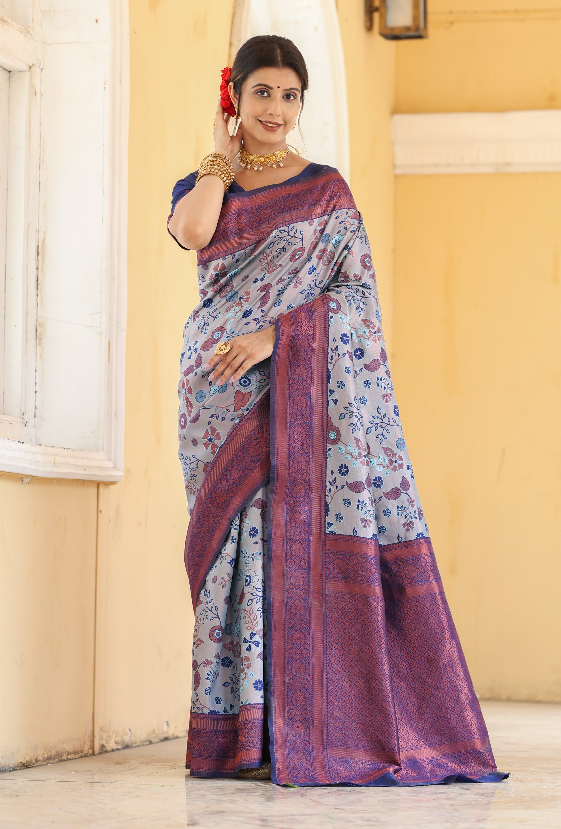 "Light Blue Banarasi Silk Saree with Floral Zari Woven Work – In Stock"
