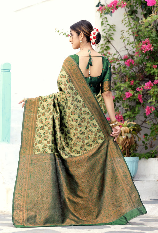 Pista Bottle Green Litchi Soft Silk Banarasi Saree with Floral Zari Woven