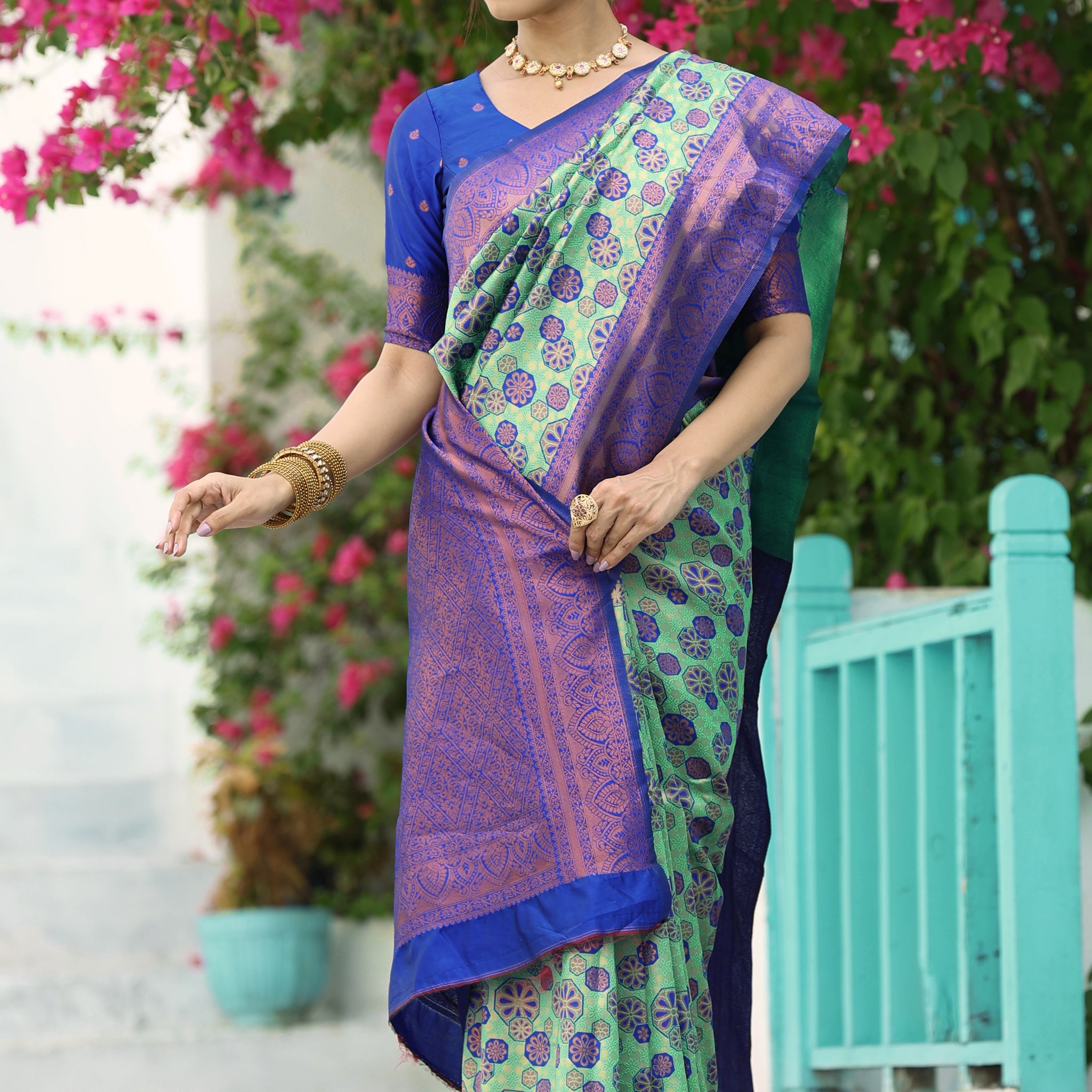 "Sea Green Banarasi Silk Saree with Floral Zari Woven Work – New Arrival"