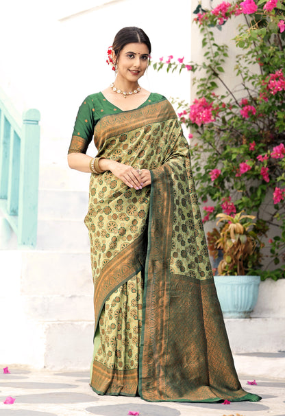 Pista Bottle Green Litchi Soft Silk Banarasi Saree with Floral Zari Woven