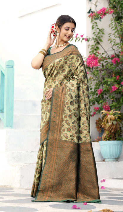 Pista Bottle Green Litchi Soft Silk Banarasi Saree with Floral Zari Woven
