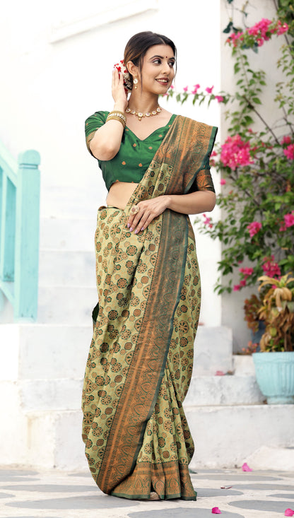 Pista Bottle Green Litchi Soft Silk Banarasi Saree with Floral Zari Woven
