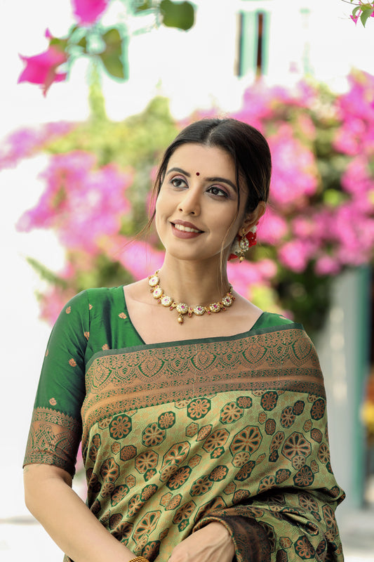 Pista Bottle Green Litchi Soft Silk Banarasi Saree with Floral Zari Woven