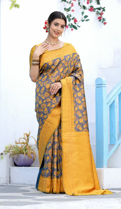 Purple Yellow Litchi Soft Silk Banarasi Saree with Floral Zari Woven