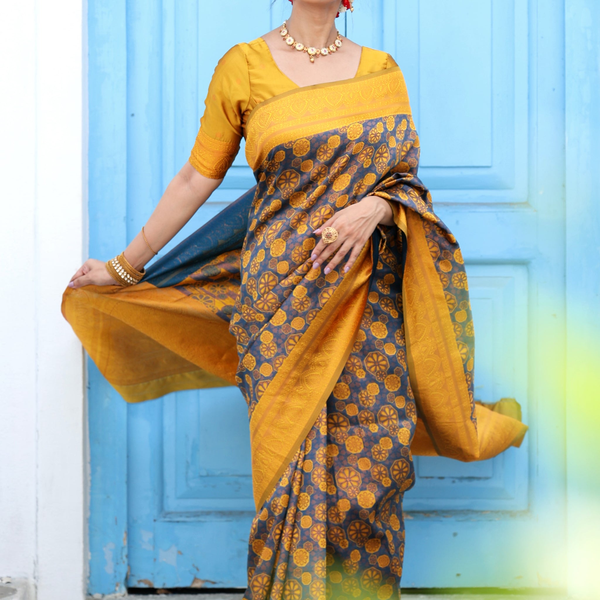 Purple Yellow Litchi Soft Silk Banarasi Saree with Floral Zari Woven