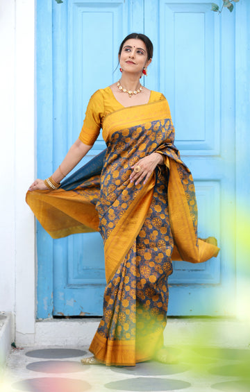 Purple Yellow Litchi Soft Silk Banarasi Saree with Floral Zari Woven