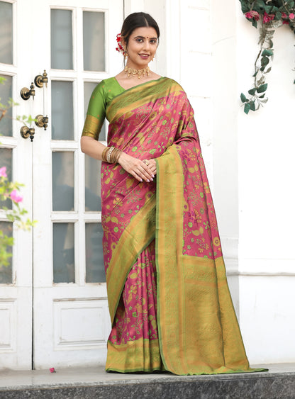 Wine Green Litchi Soft Silk Banarasi Saree with Floral Zari Woven