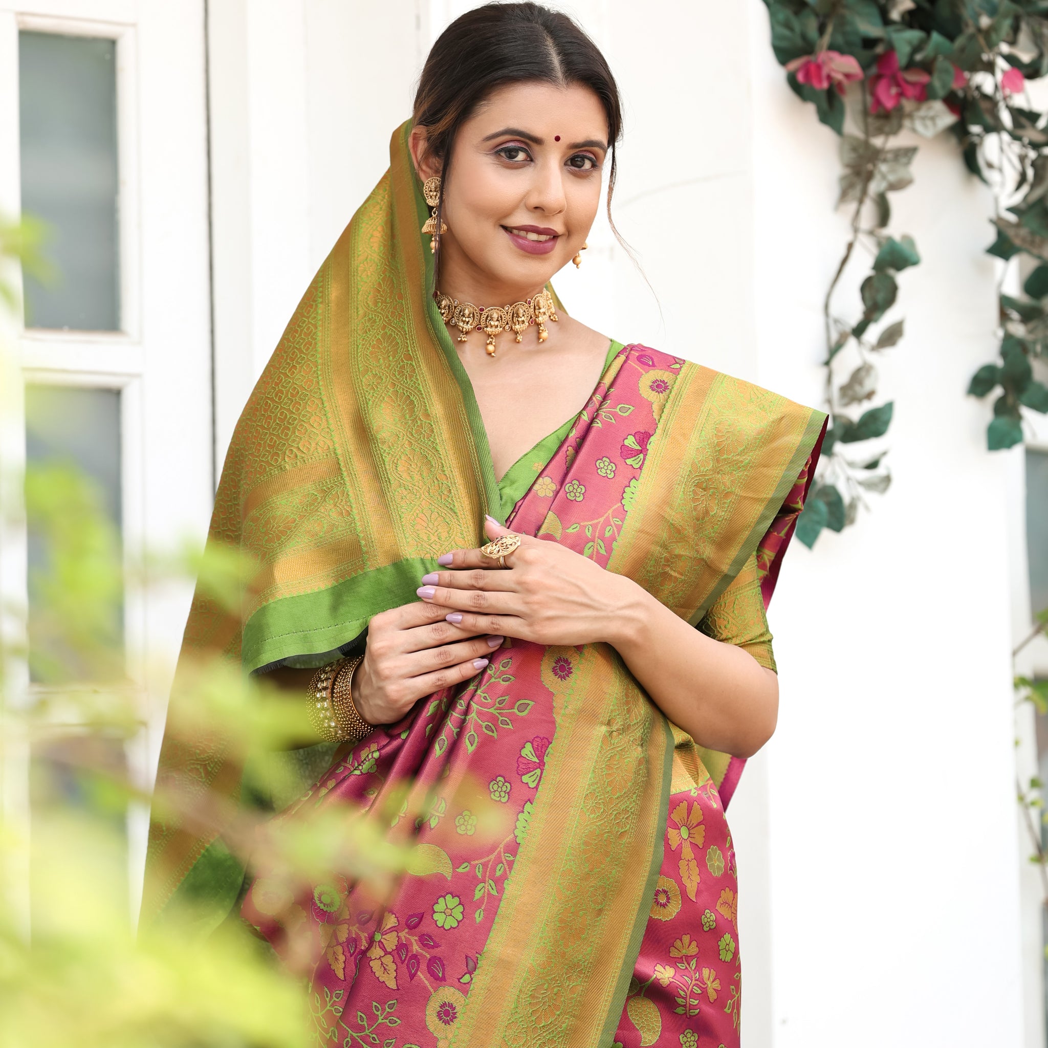 "Wine Green Litchi Silk Saree with Floral Zari Weaving – In Stock"