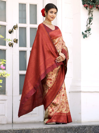 Chiku Maroon Litchi Soft Silk Banarasi Saree with Floral Zari Woven