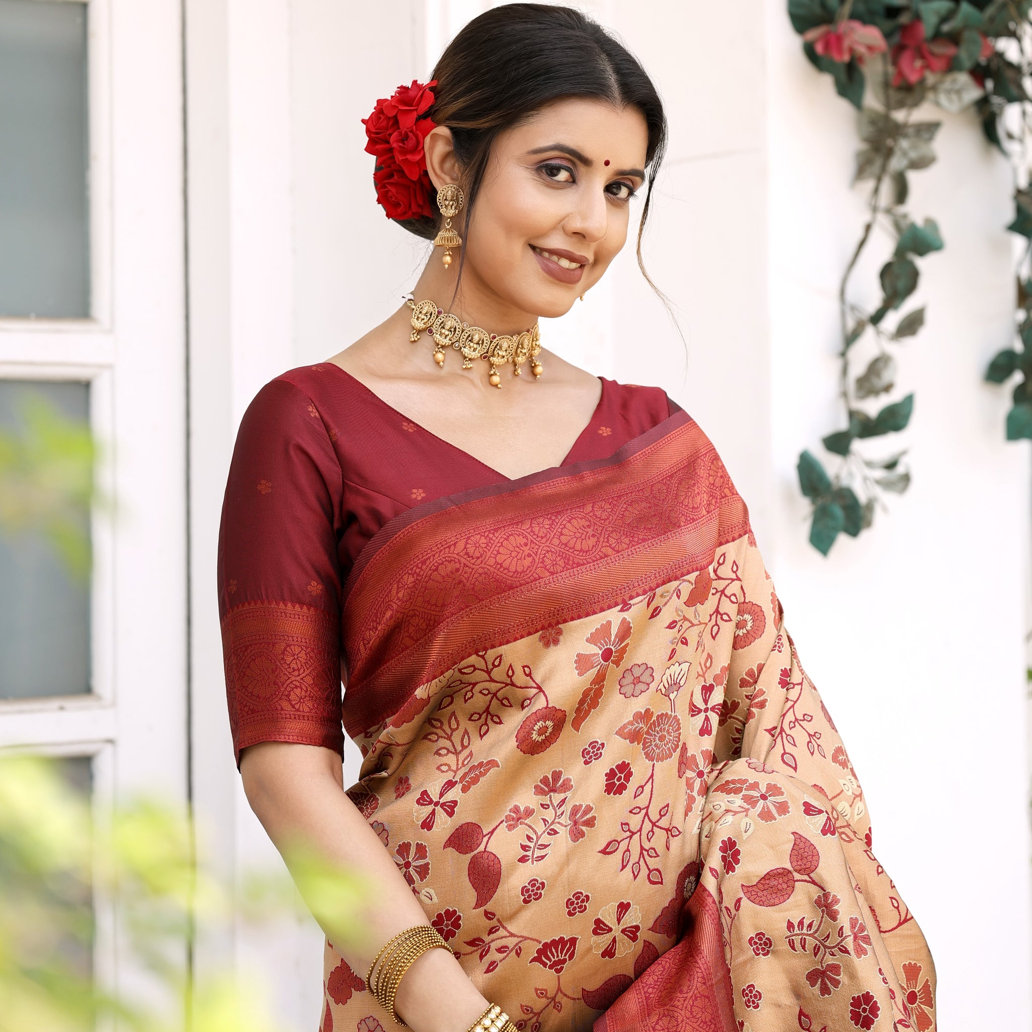 "Chiku Maroon Litchi Silk Banarasi Saree with Floral Zari Weaving – Available"