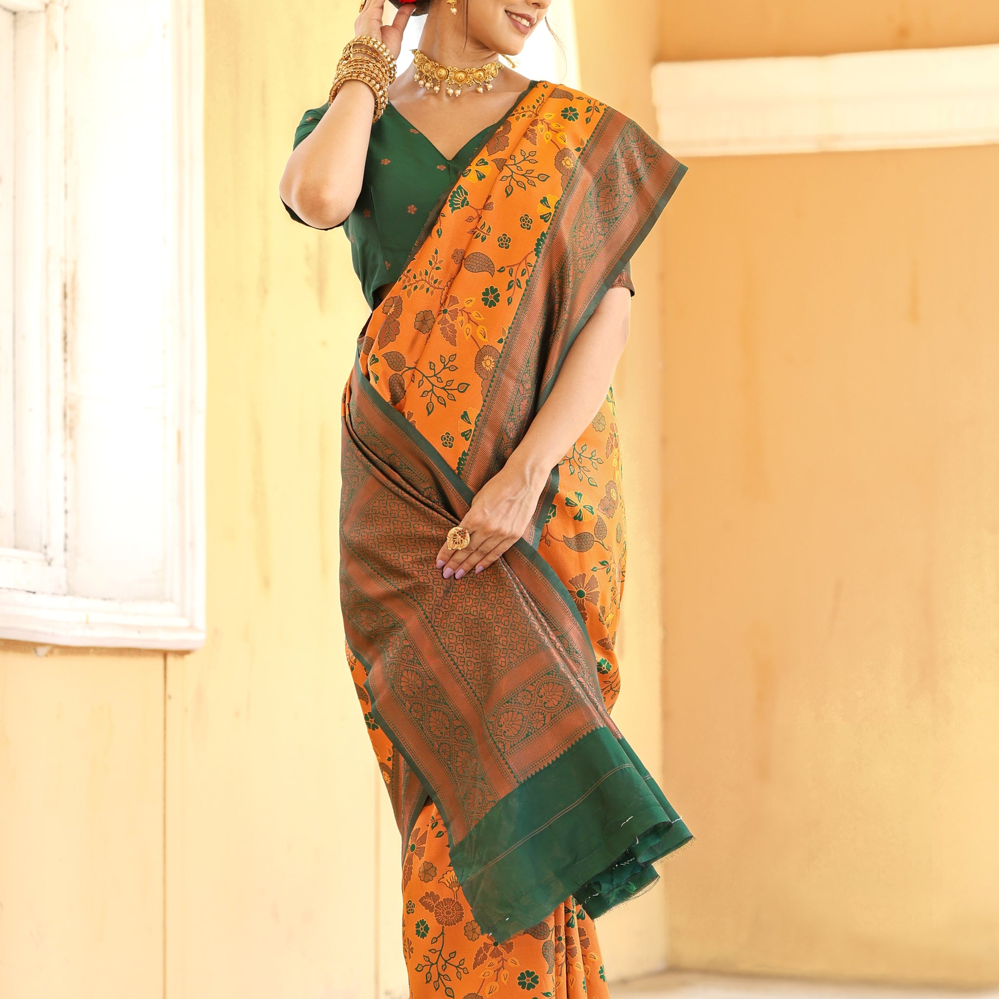"Mustard Bottle Green Banarasi Saree with Floral Zari Weaving – Available"