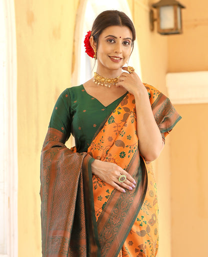 Mustard Bottle Green Litchi Soft Silk Banarasi Saree with Floral Zari Woven