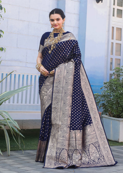 Navy Blue Katan Litchi Silk Banarasi Saree with Zari Butta Woven