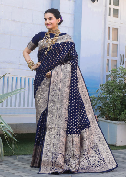 Navy Blue Katan Litchi Silk Banarasi Saree with Zari Butta Woven