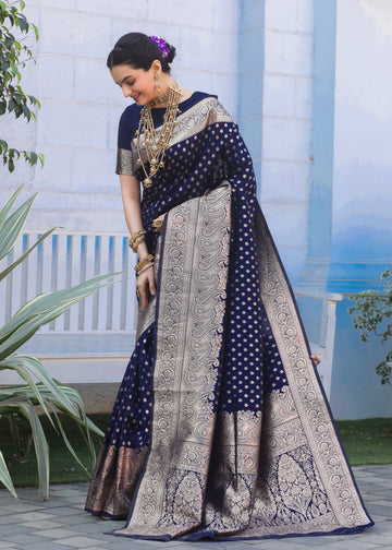 Navy Blue Katan Litchi Silk Banarasi Saree with Zari Butta Woven – In Stock