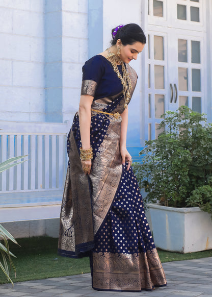 Navy Blue Katan Litchi Silk Banarasi Saree with Zari Butta Woven