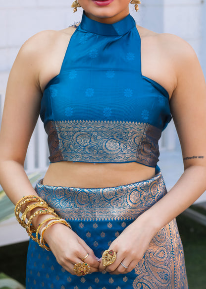 Firozi Katan Litchi Silk Banarasi Saree with Zari Butta Woven