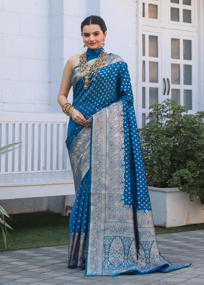 Firozi Katan Litchi Silk Banarasi Saree with Zari Butta Woven