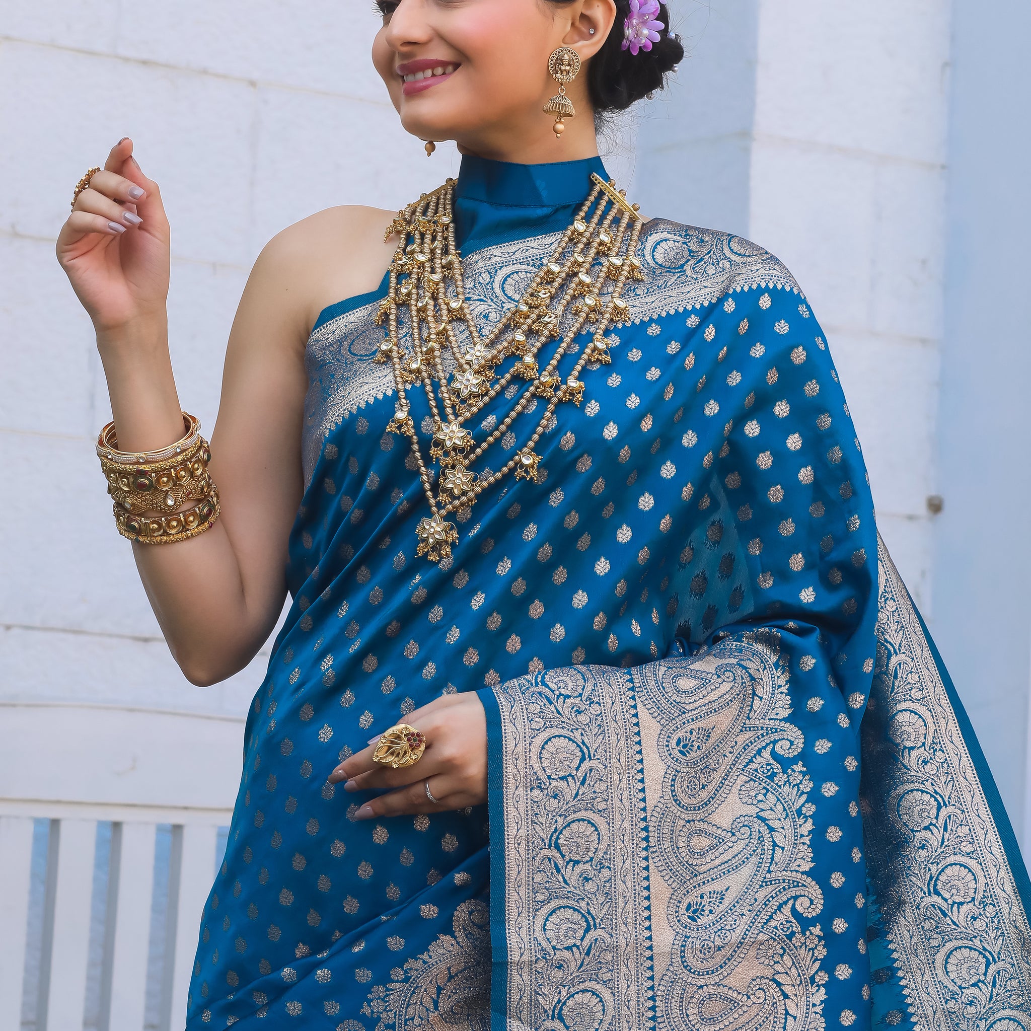 Firozi Katan Litchi Silk Banarasi Saree with Zari Butta Woven