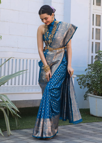 Firozi Katan Litchi Silk Banarasi Saree with Zari Butta Woven