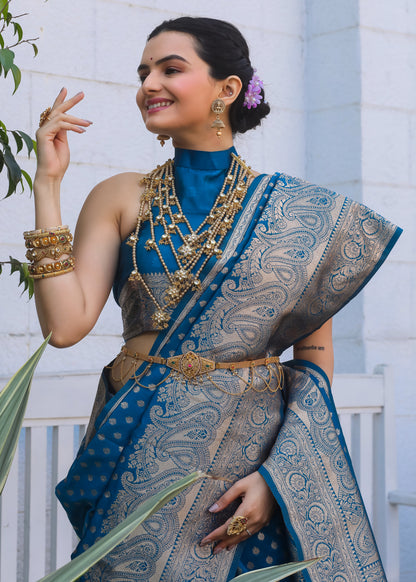 Firozi Katan Litchi Silk Banarasi Saree with Zari Butta Woven