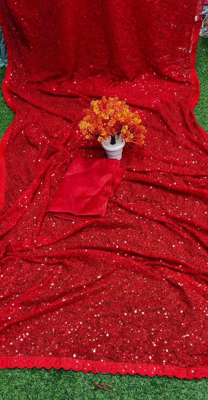Red Heavy Georgette Silk Saree with Dual Sequins Embroidery and Cut Work Lace