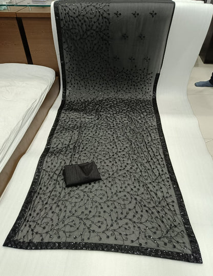 Black Georgette Saree with Embroidery Sequence and Sequence Lace