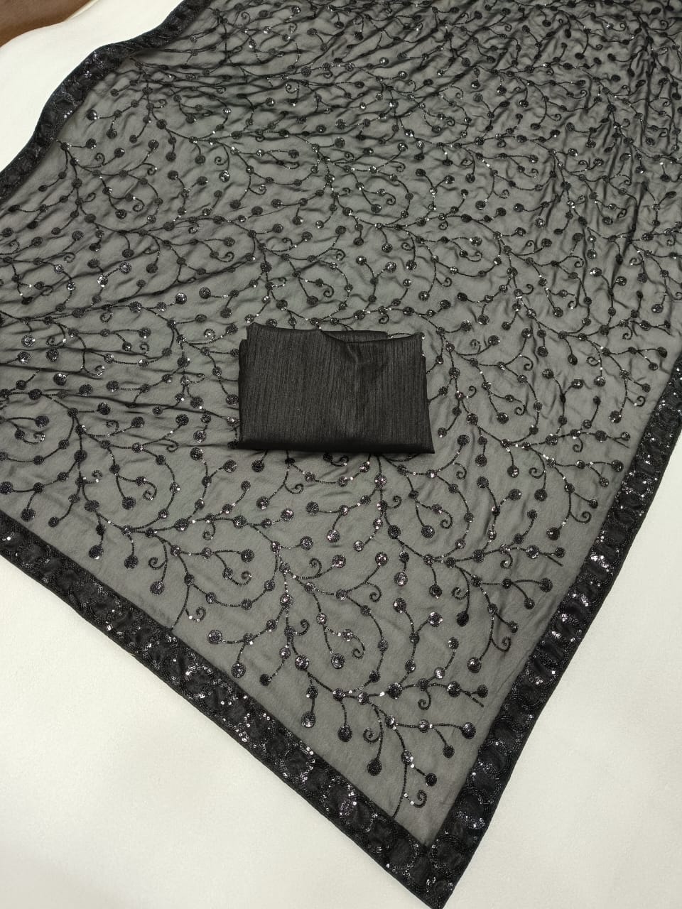Black Georgette Saree with Embroidery Sequence and Sequence Lace