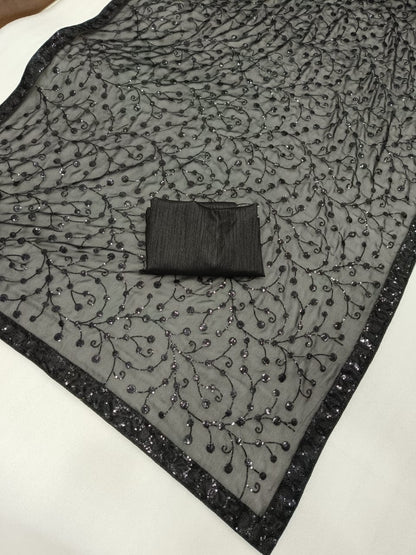 Black Georgette Saree with Embroidery Sequence and Sequence Lace