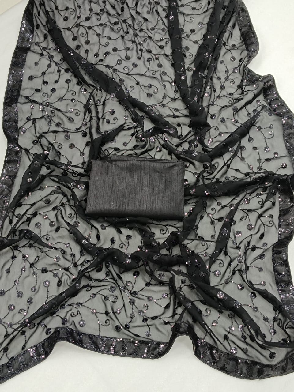 Black Georgette Saree with Embroidery Sequence and Sequence Lace