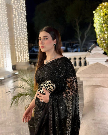 Black Georgette Saree with Embroidery Sequence and Lace Border – Available.