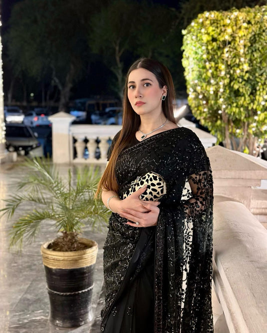 Black Georgette Saree with Embroidery Sequence and Sequence Lace