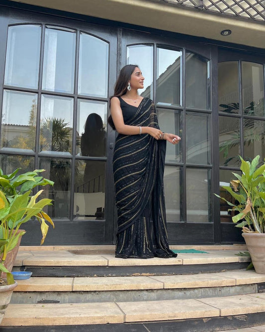 Black Georgette Saree with Sequins Work, Lace Border and Piping