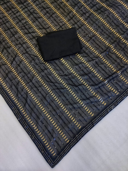 Black Georgette Saree with Sequins Work, Lace Border and Piping