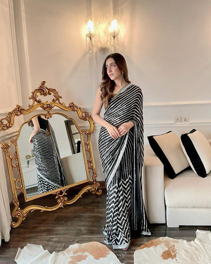 Black Georgette Saree with Embroidery Sequence Lace and Piping – Available