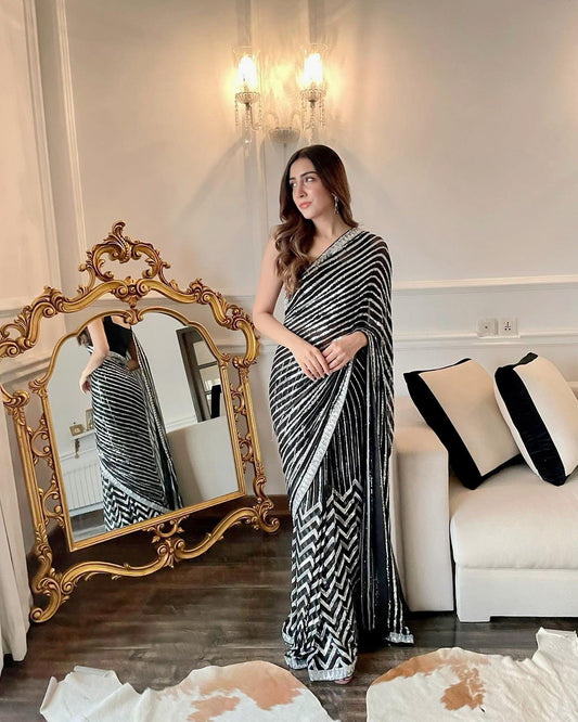 Black Georgette Saree with Embroidery Sequence Lace and Piping – Available